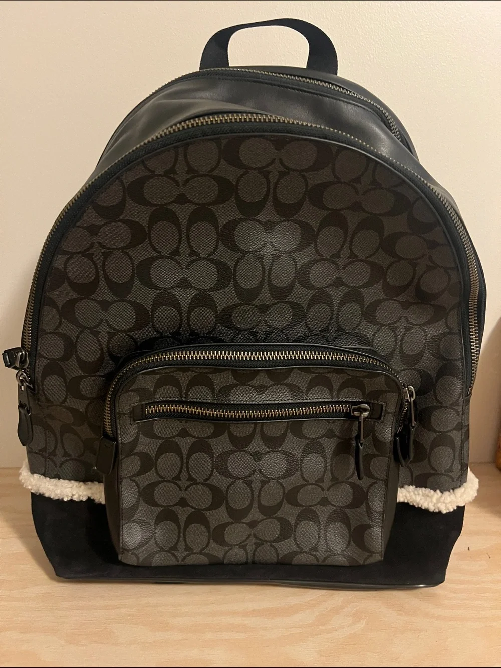 Coach Men's Signature Canvas Backpack in Charcoal and Black with Shearling Trim